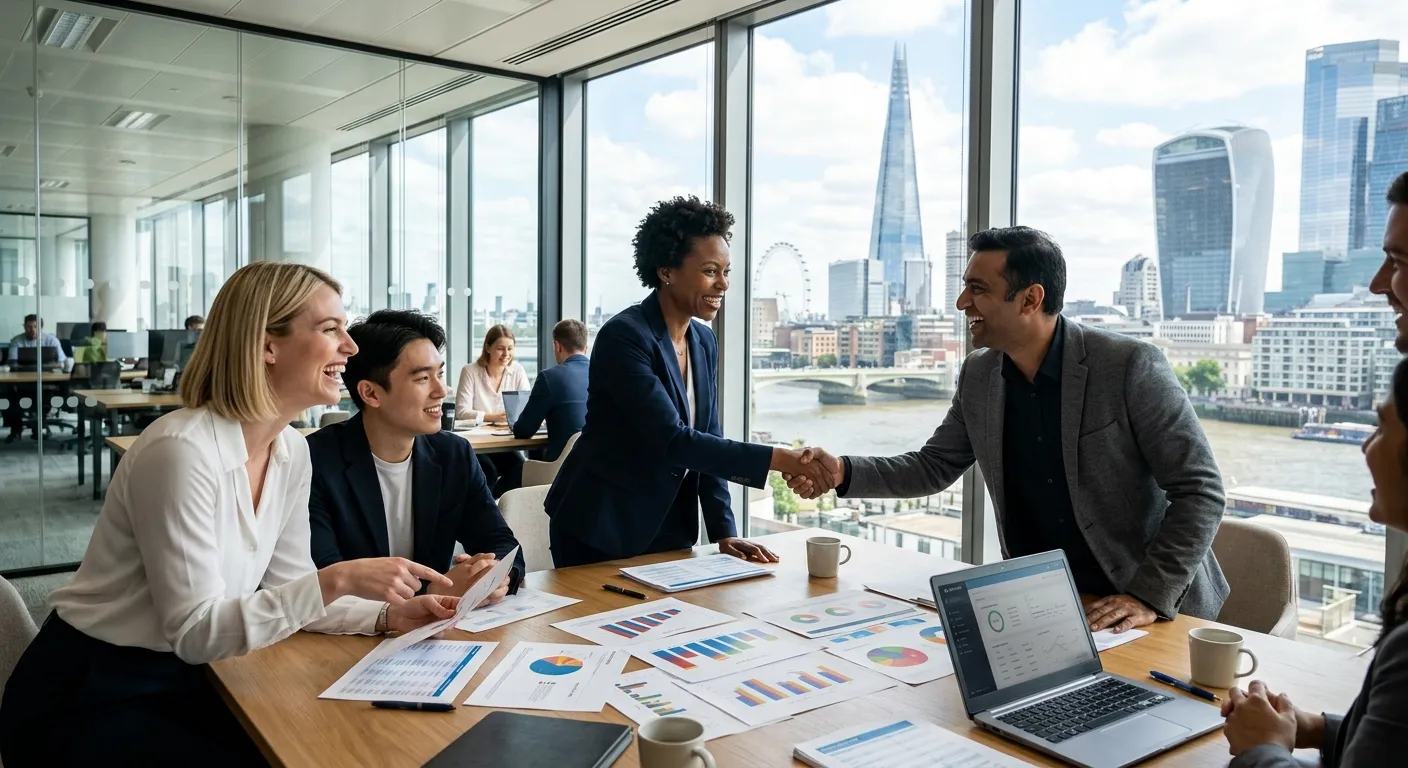 A dynamic, professional hero image showing a diverse team of professionals in a modern London office setting, shaking hands and collaborating over documents. The style is bright, optimistic, and high-contrast, with iconic London architecture (like The Shard) visible through a window.