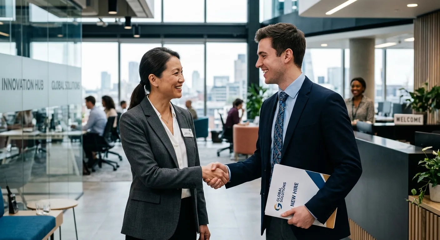 A professional, high-contrast image of a confident business manager shaking hands with a new employee in a modern office setting, symbolizing a successful direct hire. The mood is optimistic, professional, and forward-looking.