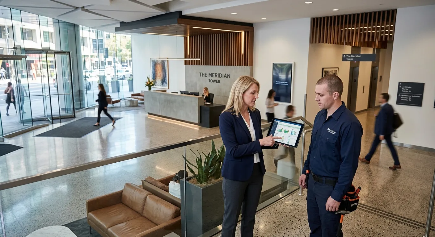 A professional, high-angle shot of a modern, well-maintained commercial building lobby. A well-dressed facilities manager is reviewing a tablet with a maintenance technician. The mood is efficient, clean, and authoritative.