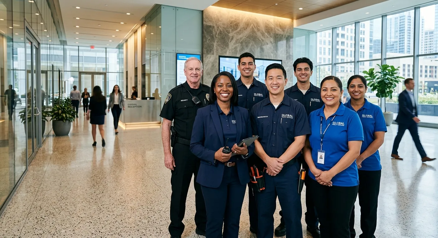 A professional, high-energy photograph of a diverse facilities management team in a modern office bu... A professional, high-energy photograph of a diverse facilities management team in a modern office building lobby. They are smiling, wearing crisp uniforms (maintenance, cleaning, security), and looking confident. Style: Corporate, vibrant, and aspirational. Mood: Efficient, reliable, and professional.