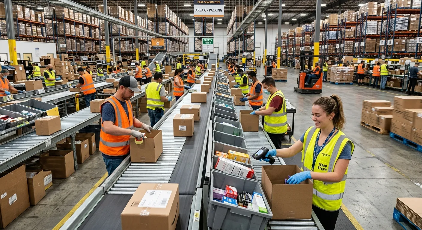 A dynamic, well-organized warehouse during peak season, showing temporary workers in high-vis vests... A dynamic, well-organized warehouse during peak season, showing temporary workers in high-vis vests efficiently scanning, picking, and packing goods on a busy conveyor belt system