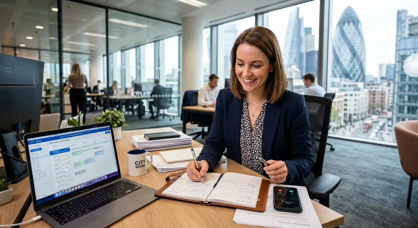 A professional, smiling Personal Assistant working efficiently in a modern London office in the EC3 financial district, organising a desk with a laptop, diary, and phone.