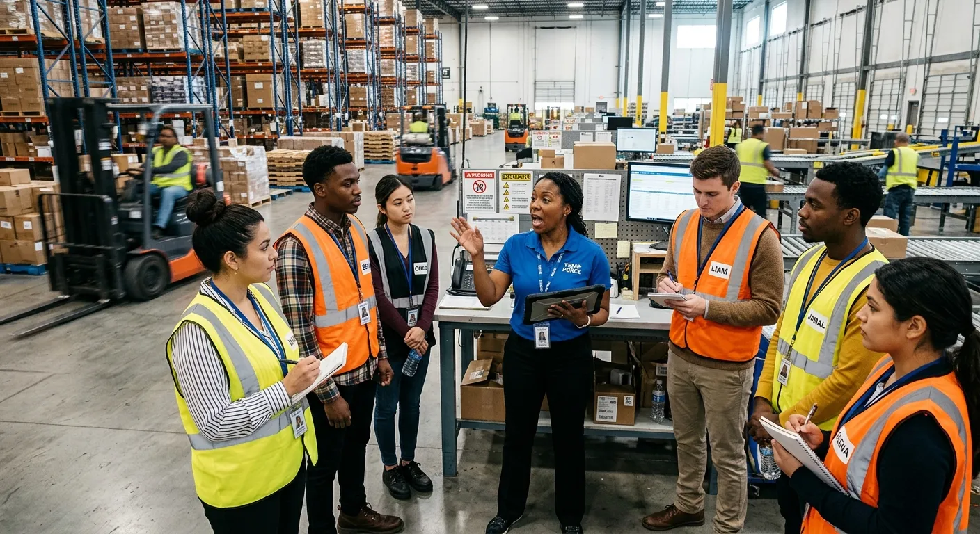 A dynamic, professional photo of a diverse group of temporary workers in high-visibility vests and o... A dynamic, professional photo of a diverse group of temporary workers in high-visibility vests and office attire, being briefed by a manager in a modern, bustling work environment like a distribution center or open-plan office. Style is realistic, energetic, and focused on immediate action.