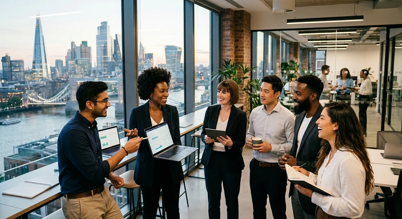 A dynamic, professional hero image showing a diverse team of professionals in a modern London office setting, with iconic London skyline visible through a window. Style: professional, high-energy, inclusive. Mood: confident, efficient, and connected.