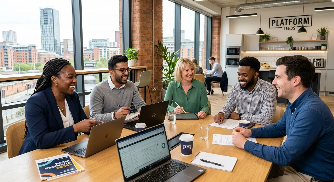 A dynamic, professional photo of a diverse team of professionals collaborating in a modern Leeds off... A dynamic, professional photo of a diverse team of professionals collaborating in a modern Leeds office or hospitality setting. They are engaged in a meeting, smiling, with laptops and documents on the table. The mood is energetic, competent, and trustworthy. Style is crisp, bright, and contemporary.