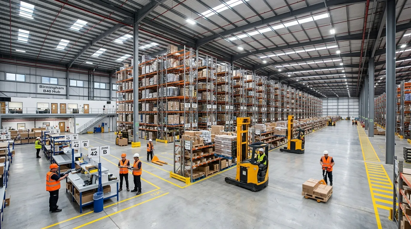 A wide-angle, professional photo of the interior of a modern, high-bay warehouse in Birmingham B40, showing tall racking, clean floors, forklifts operating, and workers in high-visibility vests, conveying scale and organisation