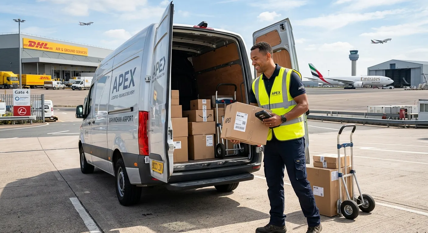 Professional, confident multi-drop delivery driver in hi-vis vest, loading parcels into a modern van... Professional, confident multi-drop delivery driver in hi-vis vest, loading parcels into a modern van at Birmingham Airport's logistics park. Bright, daytime, aspirational mood.
