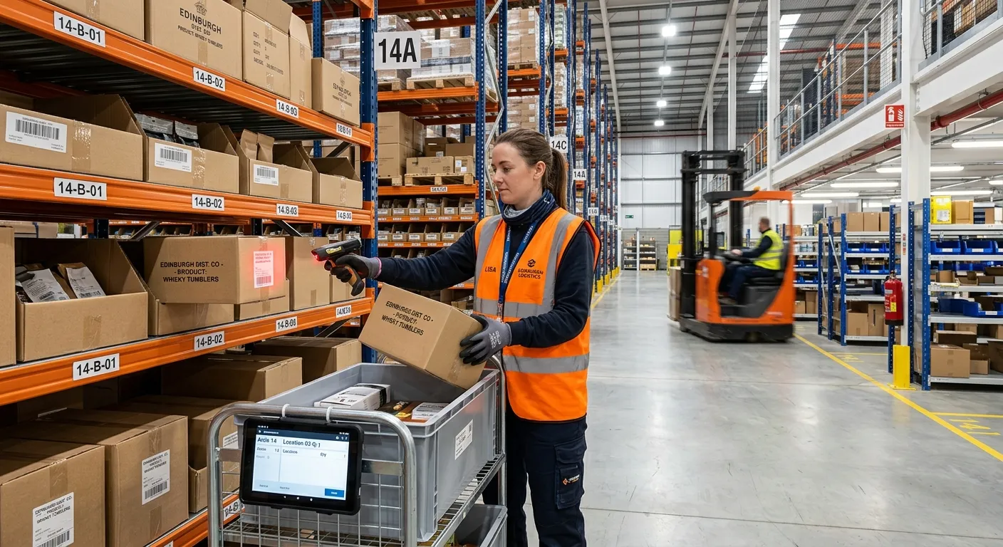 A modern, well-lit warehouse aisle in an Edinburgh distribution centre, showing an order picker using a handheld ring scanner to pick a product from a high bay shelving unit. The environment is clean, organised, and safe.