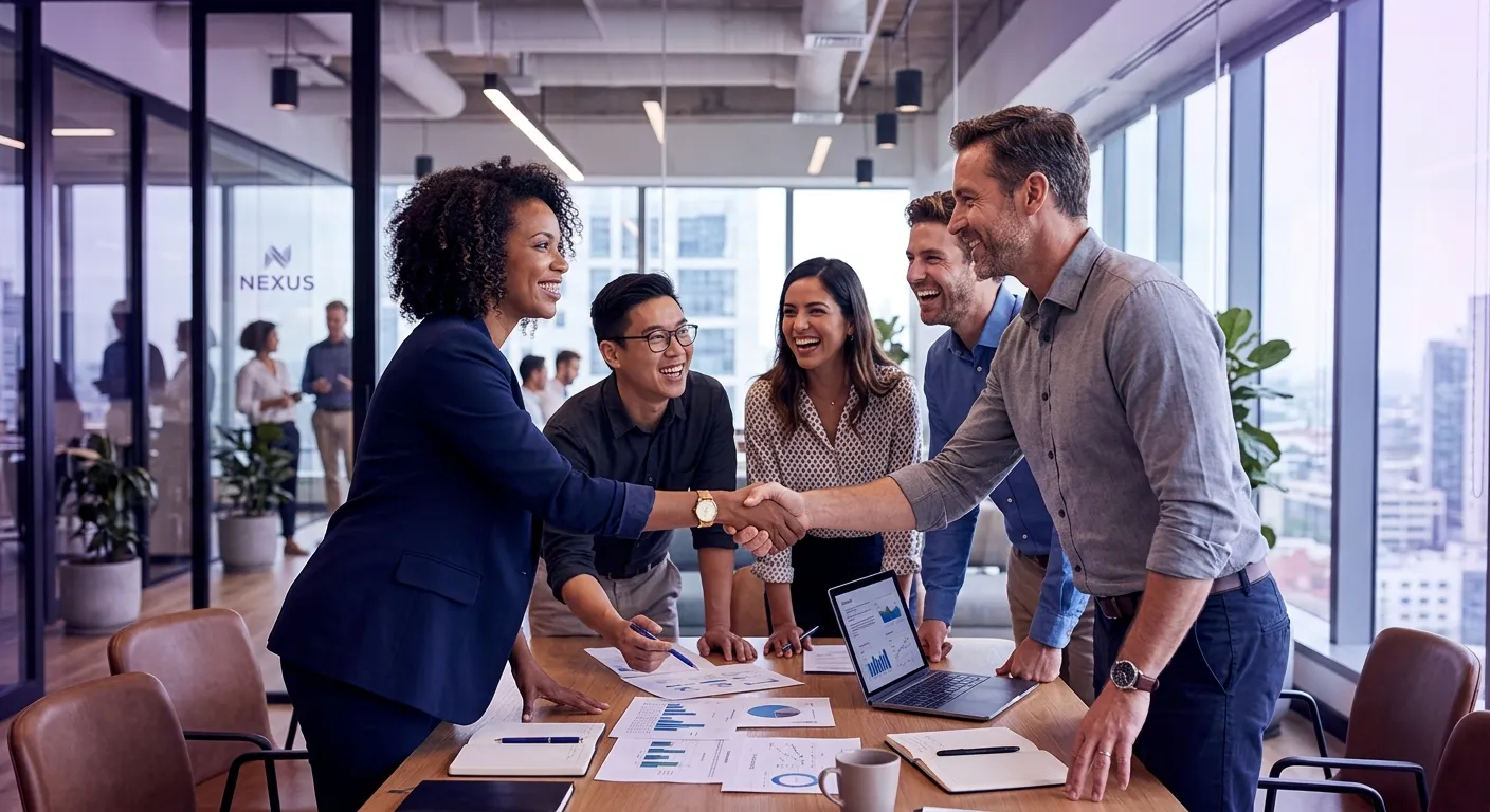 A dynamic, professional hero image showing a diverse team of professionals in a modern office collab... A dynamic, professional hero image showing a diverse team of professionals in a modern office collaborating, with a focus on handshakes and teamwork. Style is vibrant, high-resolution, with a slight violet/indigo tint to match the brand. Mood is energetic, successful, and trustworthy.