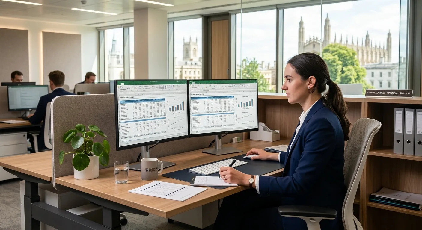 Professional photo of a modern, well-lit office in Cambridge, with a person working on financial spreadsheets on dual monitors. The scene is clean, organised, and conveys a professional finance environment.