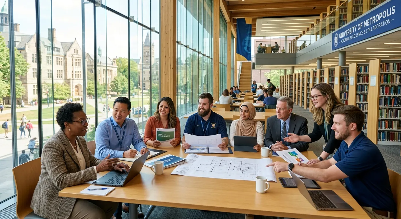 A modern, diverse group of university professionals collaborating in a bright, sunlit campus library... A modern, diverse group of university professionals collaborating in a bright, sunlit campus library. Includes academics, administrative staff, and facilities personnel, conveying a sense of dynamic teamwork and institutional excellence.
