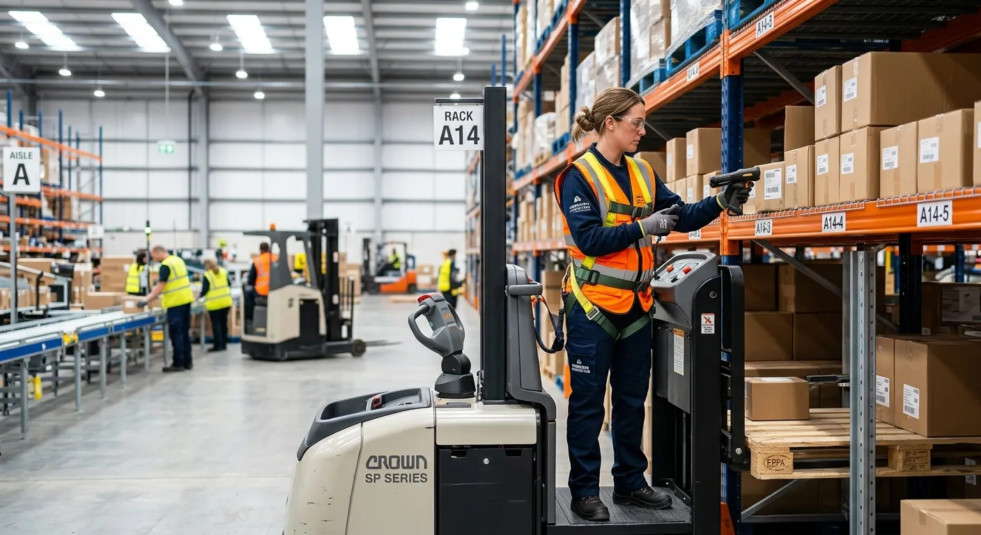A professional, dynamic image of an Order Picker in a modern, organised warehouse in Aberdeen, weari... A professional, dynamic image of an Order Picker in a modern, organised warehouse in Aberdeen, wearing a hi-vis vest and using a handheld scanner. The atmosphere is efficient and bright.