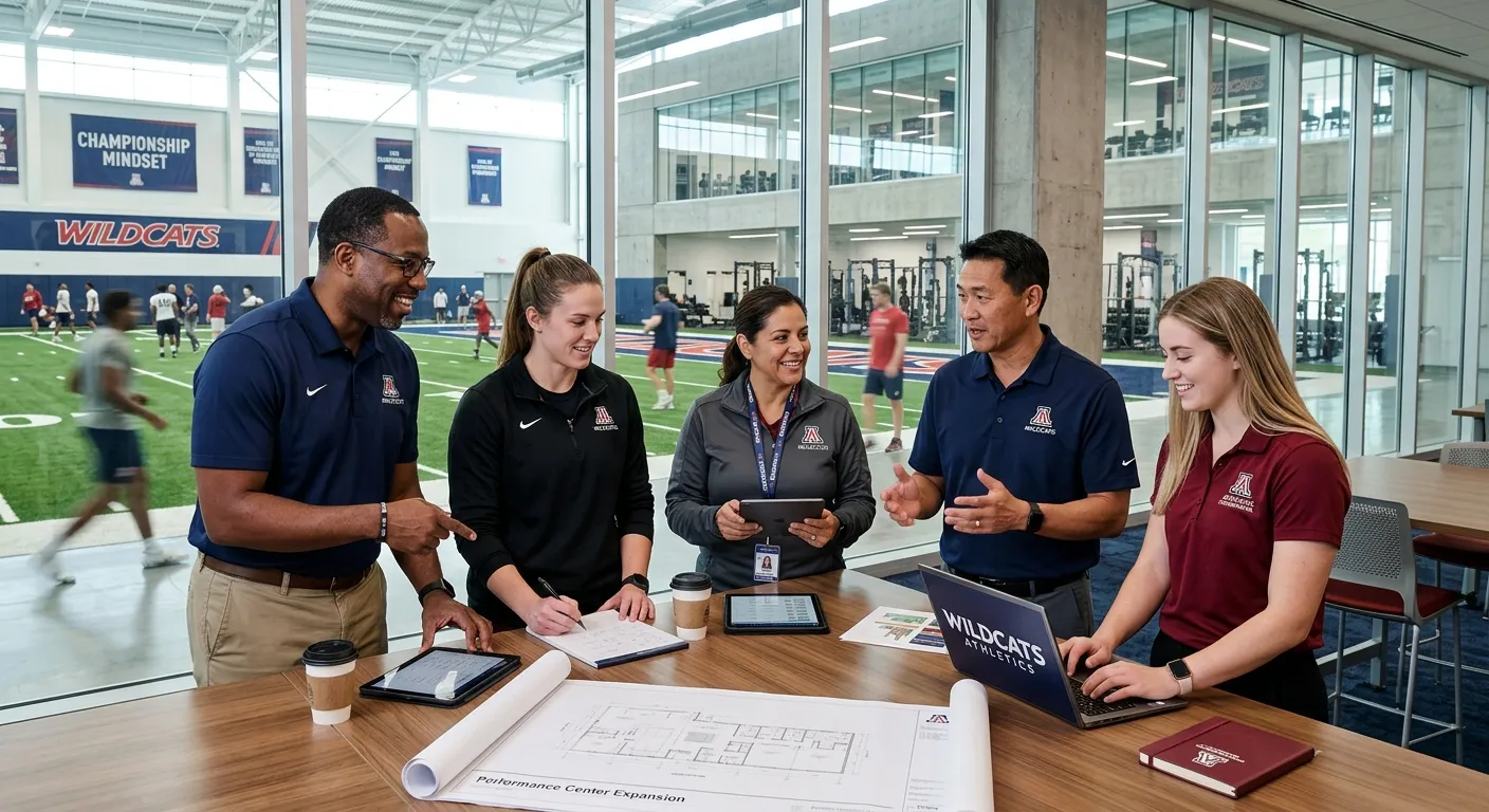 A dynamic, professional photo of a diverse group of athletic department staff—coaches, trainers, and... A dynamic, professional photo of a diverse group of athletic department staff—coaches, trainers, and administrators—collaborating in a modern university sports facility, looking engaged and professional. Mood: Inspiring, professional, and high-performance.