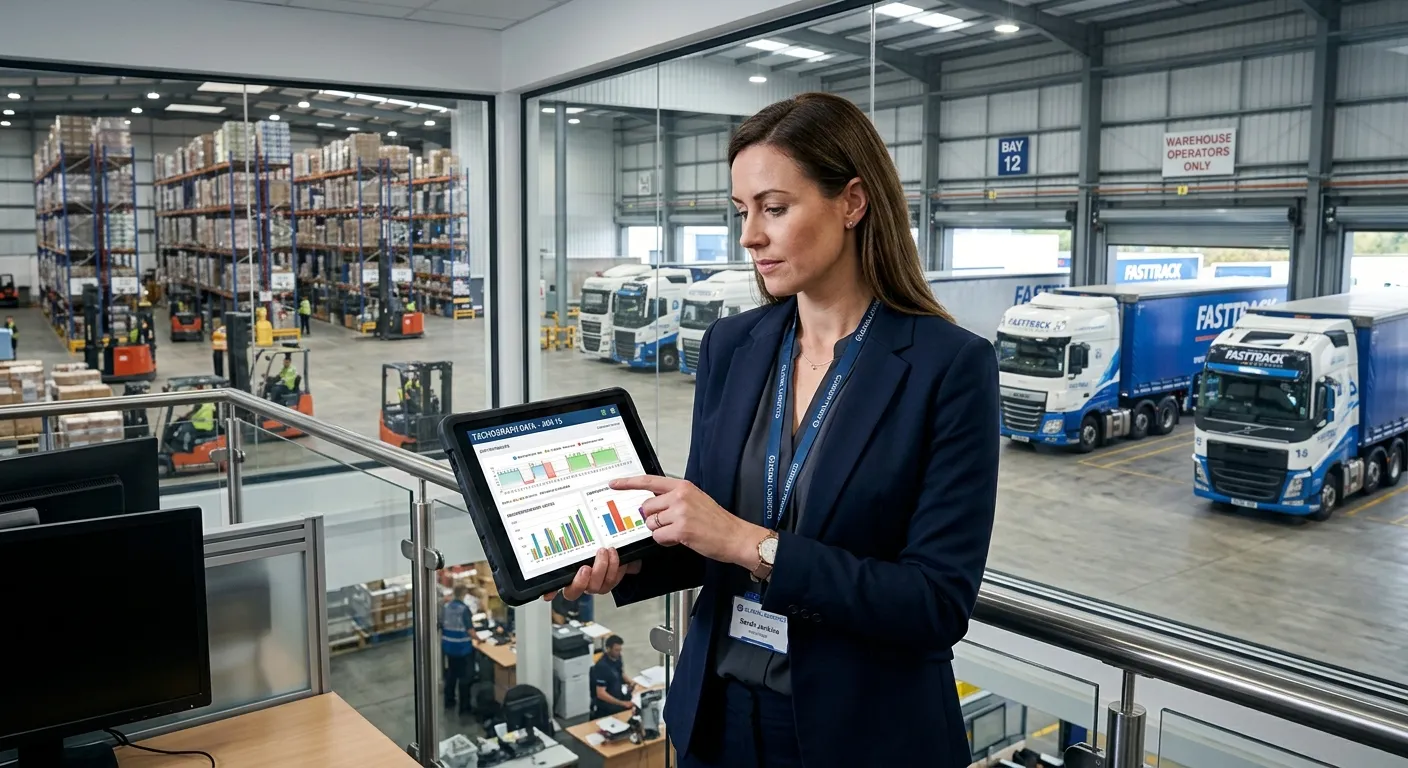 Professional hero image showing a modern logistics manager reviewing digital tachograph data on a tablet, with a warehouse and HGVs in the background. Style: Corporate, sharp, authoritative mood.