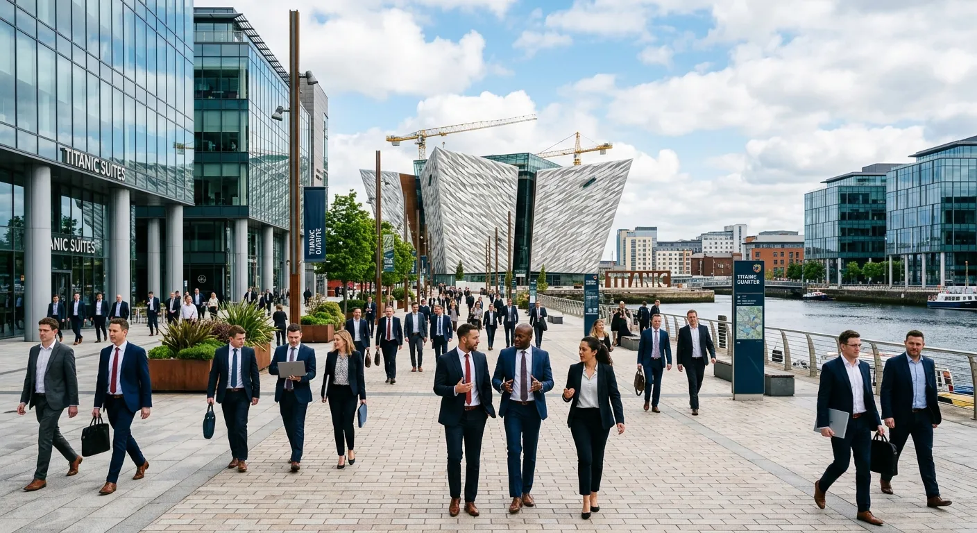 A modern, bustling business district in Belfast, perhaps the Titanic Quarter, with a mix of modern a... A modern, bustling business district in Belfast, perhaps the Titanic Quarter, with a mix of modern architecture and people in professional attire walking, symbolising economic growth and professional opportunity. Style: Vibrant, professional, optimistic.