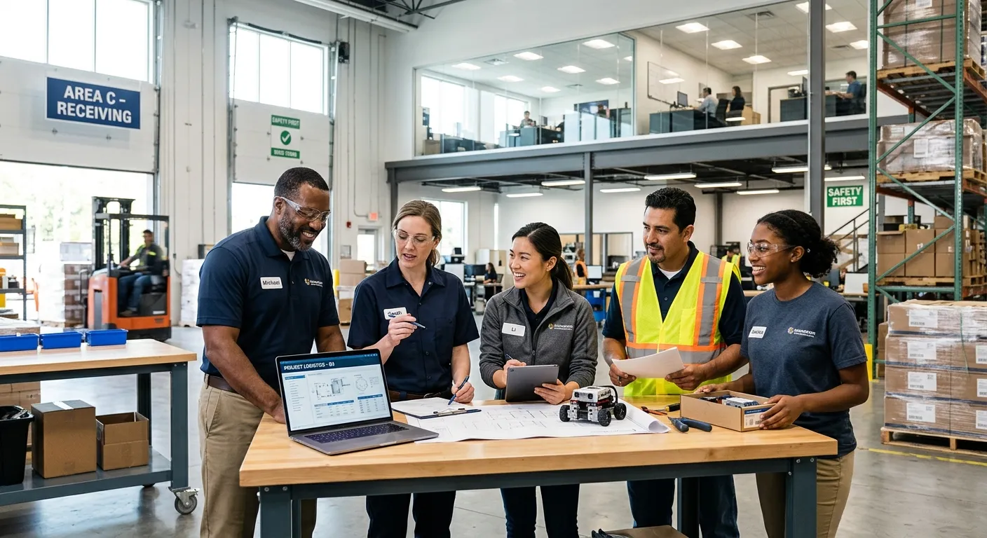 A professional, dynamic image of a diverse team of skilled workers collaborating in a modern warehouse or office environment. The style is bright, crisp, and focused on teamwork and competence.