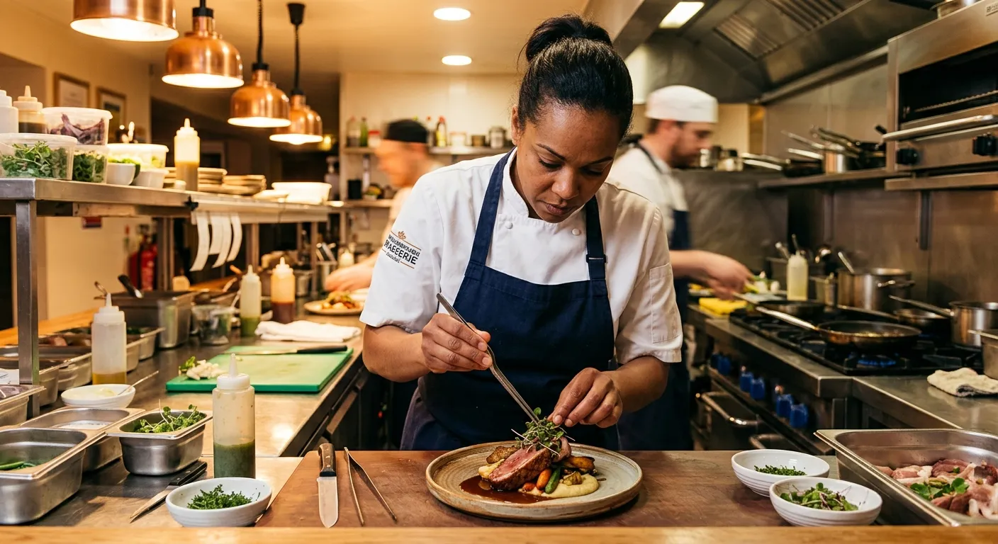 A professional, well-lit kitchen in a Middlesbrough restaurant or hotel, featuring a skilled chef in action preparing a dish. The style should be warm, inviting, and convey a sense of urgency and professionalism.