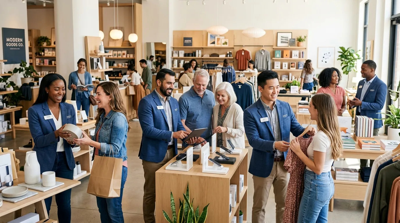 Professional hero image showing a diverse, well-dressed retail team in a modern store environment, smiling and assisting customers. Style is bright, vibrant, and professional, conveying success and teamwork.