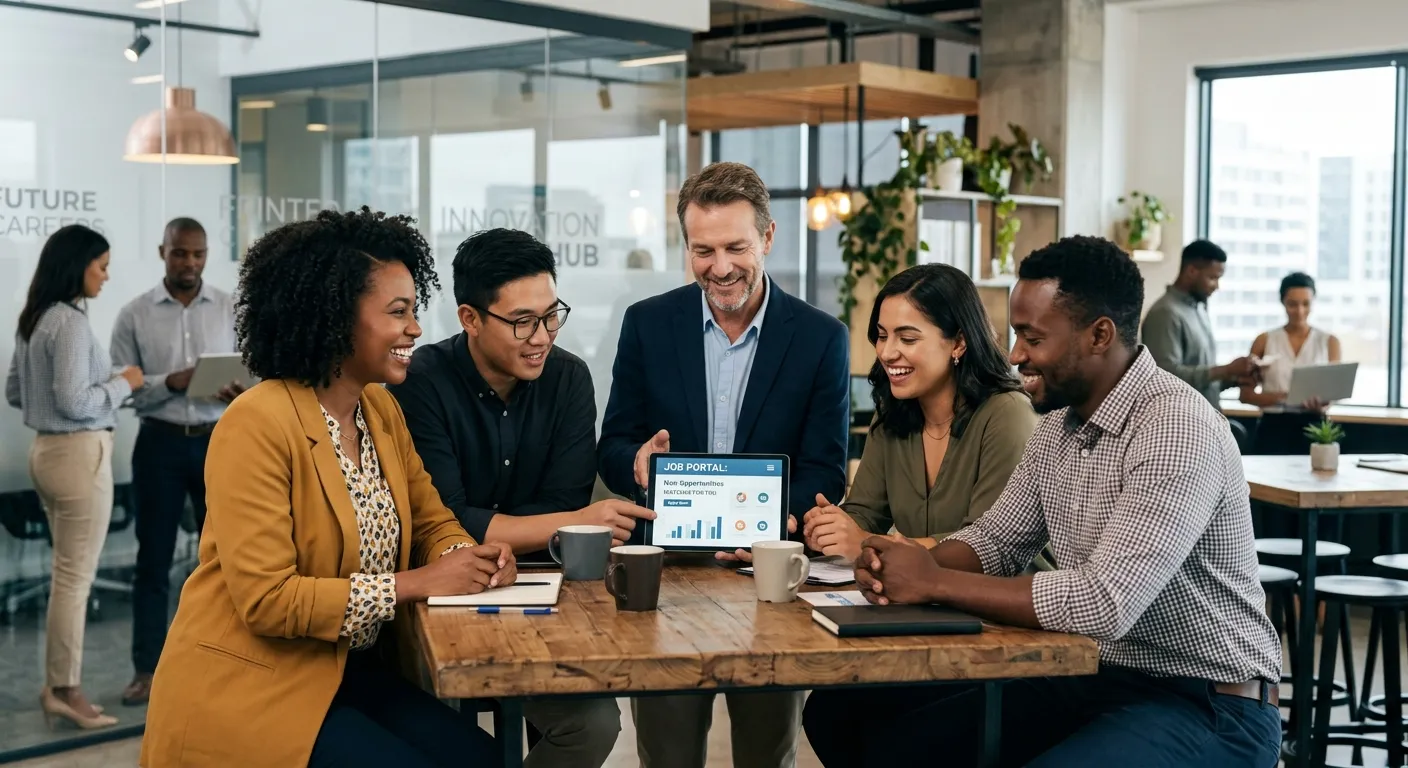 A diverse group of happy, professional job seekers in smart-casual attire, looking at a digital tabl... A diverse group of happy, professional job seekers in smart-casual attire, looking at a digital tablet with a consultant in a modern office setting. The image should convey partnership, opportunity, and forward momentum.