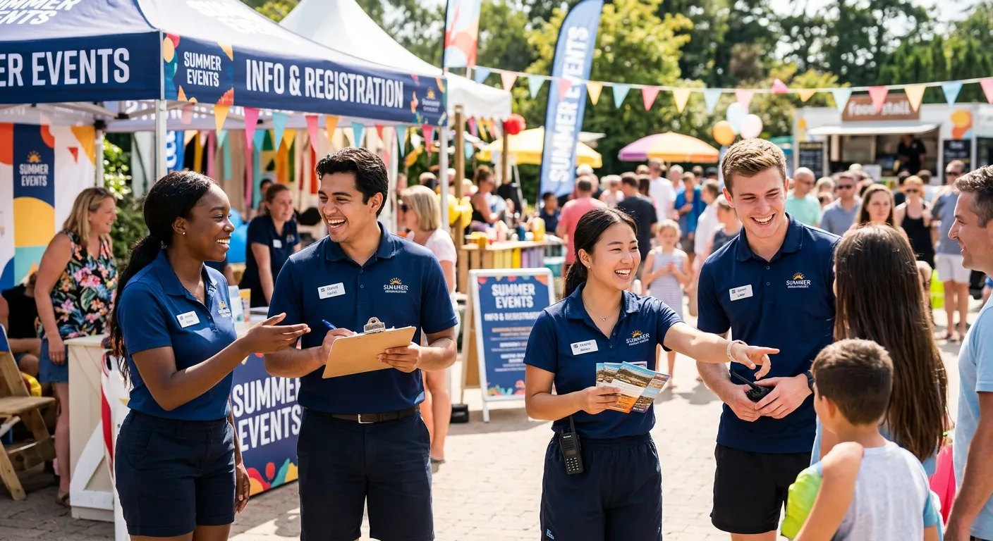 A dynamic, professional photo of a diverse team of summer staff in action. They are smiling and engaged, working in a bright, modern outdoor event setting or a bustling hotel lobby, representing peak season energy. Style: Professional, vibrant, and aspirational.