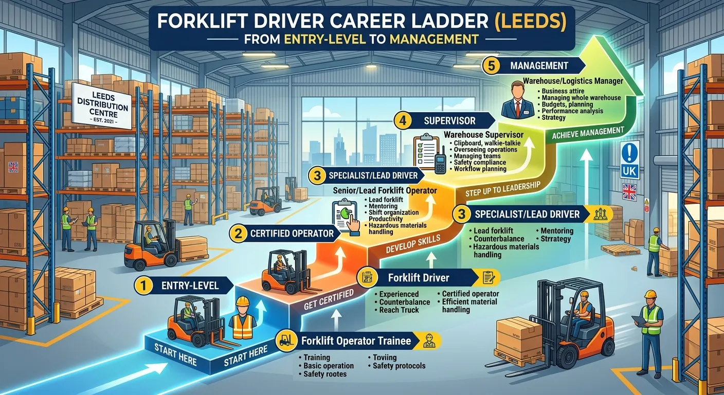 An infographic showing a clear career ladder for a forklift driver, with steps from entry-level to m... An infographic showing a clear career ladder for a forklift driver, with steps from entry-level to management, set against a backdrop of a modern Leeds warehouse