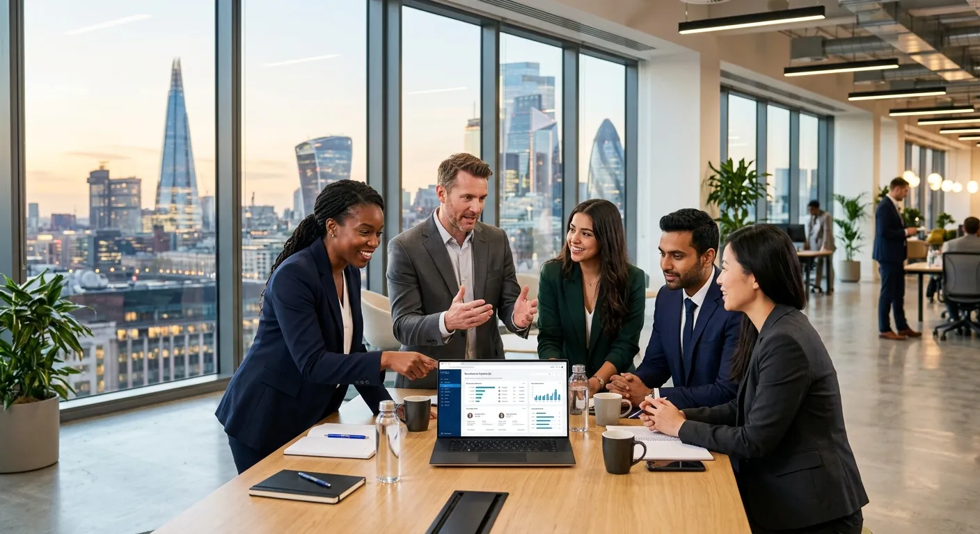 A professional, diverse group of suited recruitment consultants and business professionals in a mode... A professional, diverse group of suited recruitment consultants and business professionals in a modern, bright office overlooking a cityscape, focusing on a collaborative discussion over a laptop. Style: Corporate, vibrant, aspirational. Mood: Confident, successful, and dynamic.