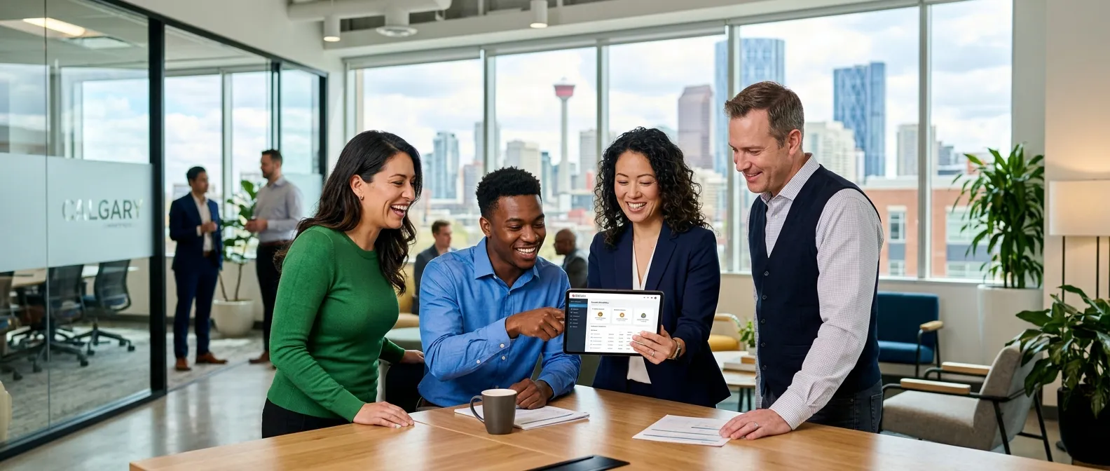 A dynamic, professional hero image featuring a diverse group of temporary workers and a hiring manager in a modern Calgary office setting, smiling and collaborating over a tablet. Style: Bright, high-contrast, professional. Mood: Energetic, trustworthy, and efficient.