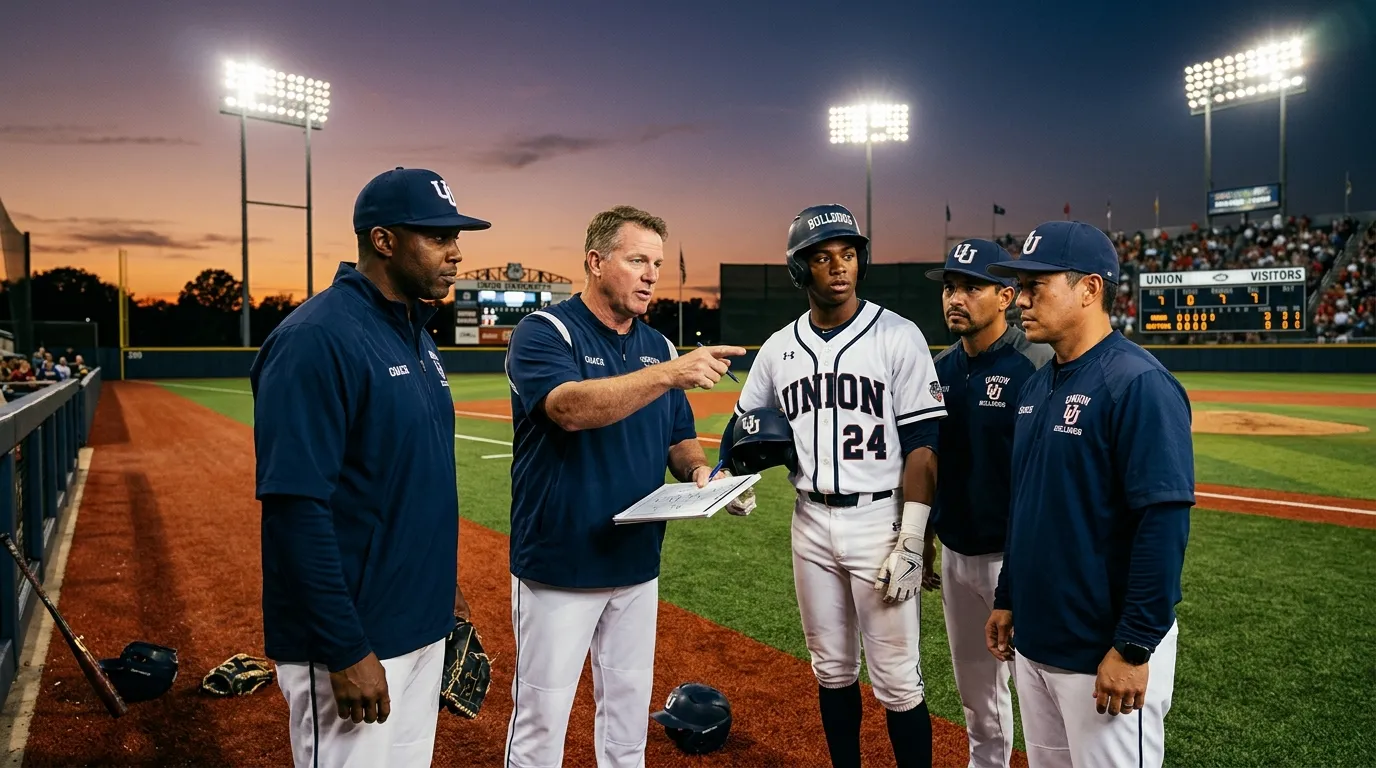 Hero image depicting a dynamic, professional college baseball scene. A diverse Union University coaching staff in branded apparel stands at the edge of a pristine diamond at dusk, conferring with a player. The mood is focused, strategic, and elite, with stadium lights glowing in the background.