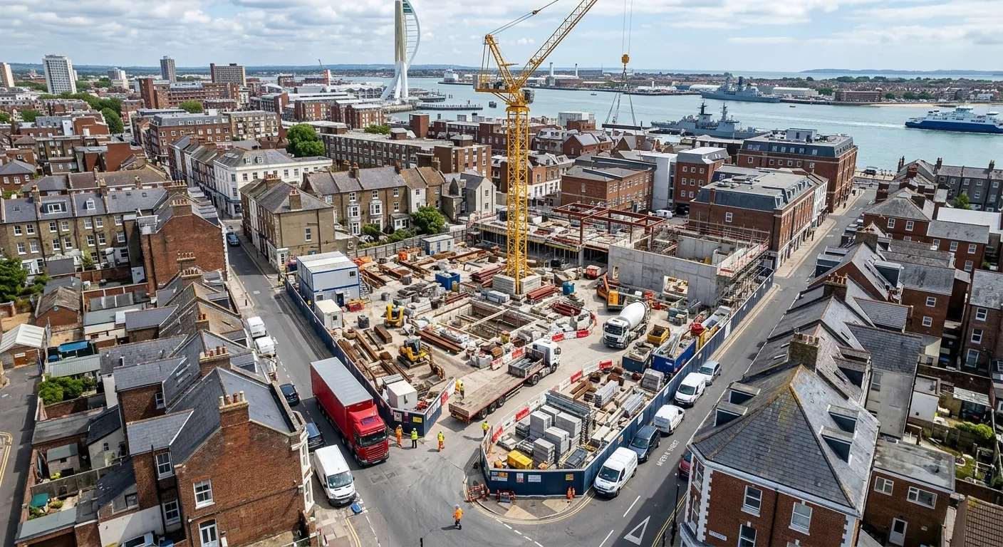 An aerial view of a tight urban construction site in Portsmouth, with a crane and delivery vehicles... An aerial view of a tight urban construction site in Portsmouth, with a crane and delivery vehicles carefully manoeuvring amidst surrounding buildings