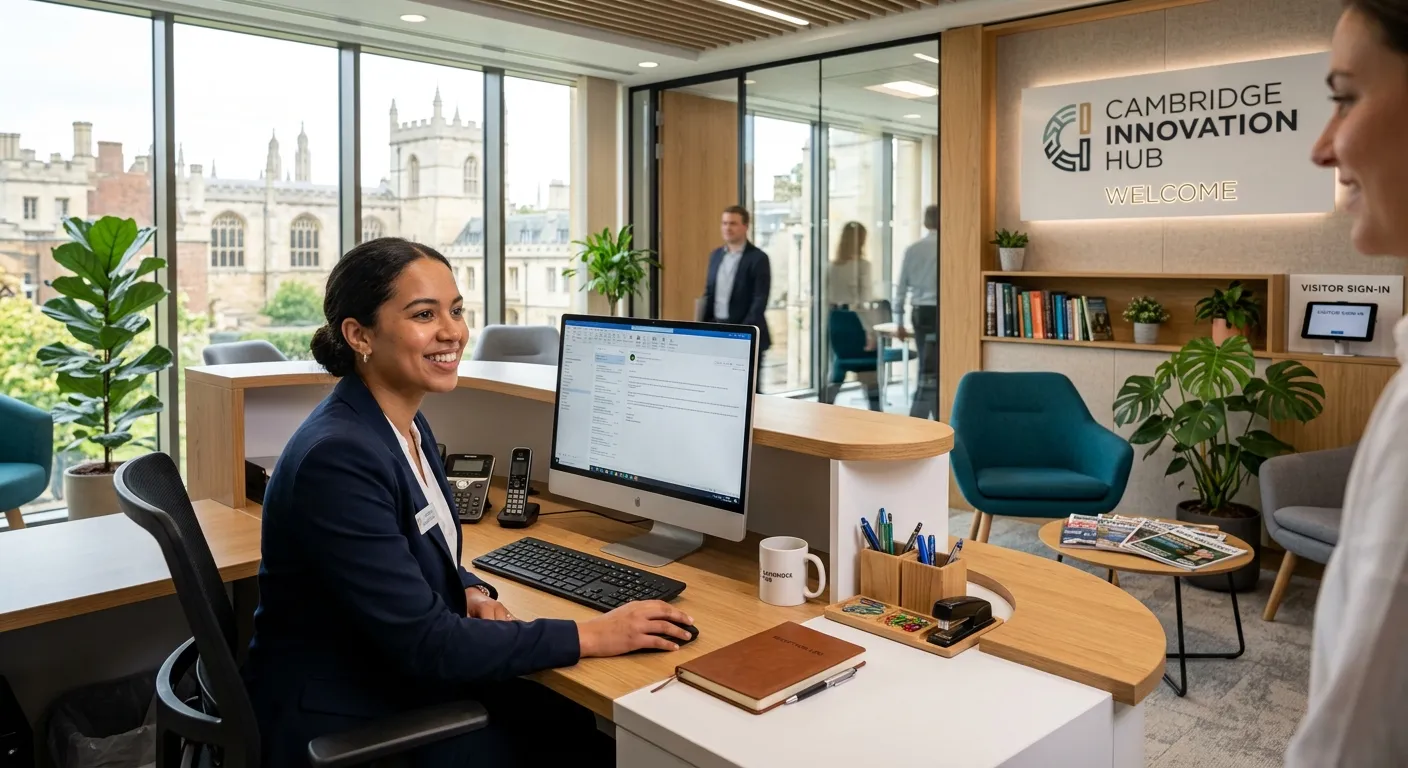 A professional, well-lit photo of a modern office reception area in Cambridge, featuring a friendly... A professional, well-lit photo of a modern office reception area in Cambridge, featuring a friendly Administrative Assistant at a desk with a computer, plants, and organised stationery, conveying efficiency and a welcoming atmosphere.