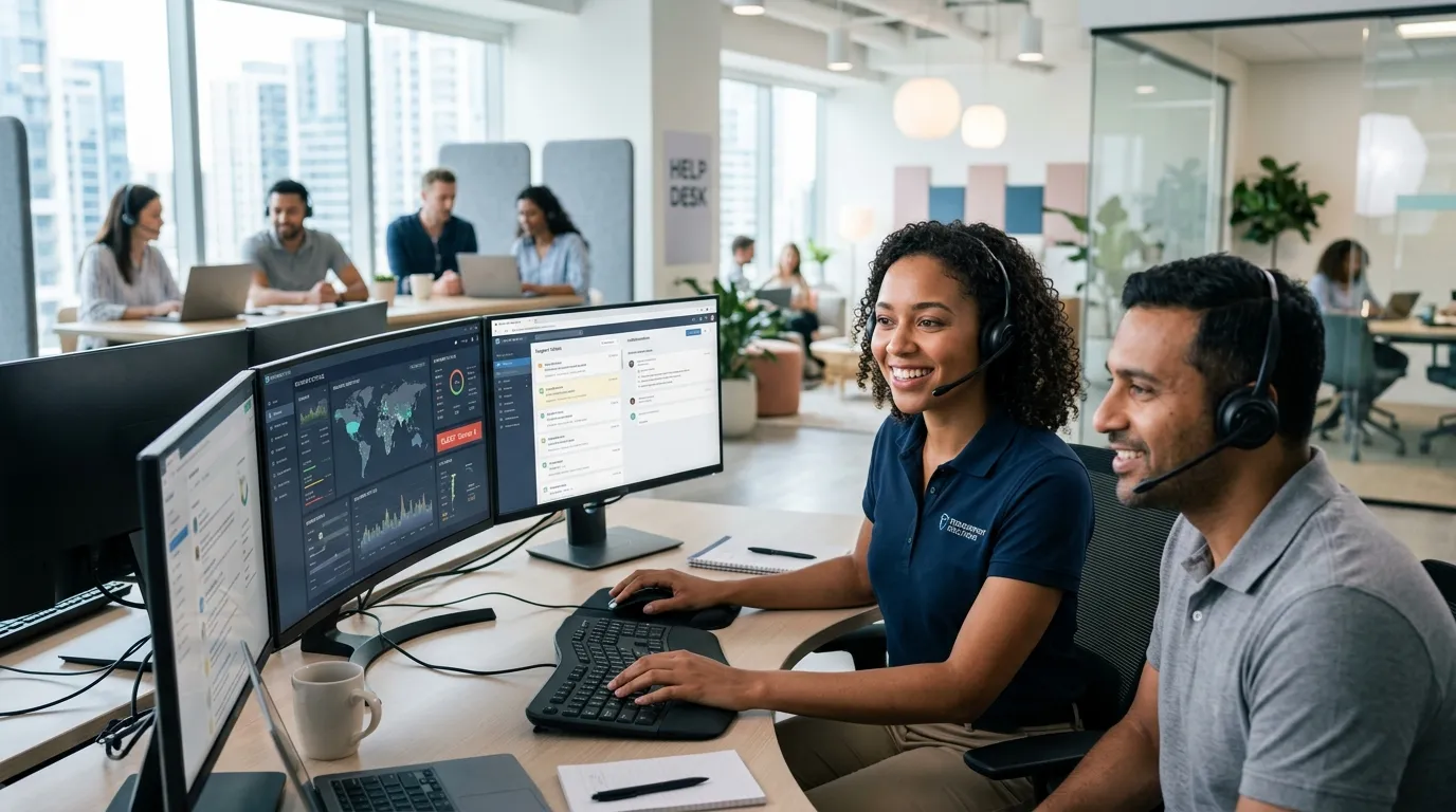 Professional, modern hero image showing a diverse IT helpdesk team collaborating in a bright, contem... Professional, modern hero image showing a diverse IT helpdesk team collaborating in a bright, contemporary office. Focus on a friendly technician assisting a colleague via headset, with multiple monitors displaying network dashboards. Style: Corporate, inviting, and tech-focused.