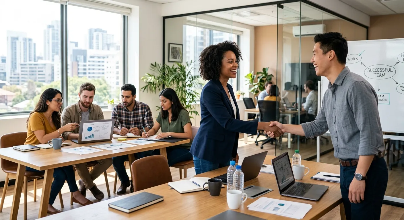 A modern, diverse team in a bright office setting, some shaking hands, others collaborating at a des... A modern, diverse team in a bright office setting, some shaking hands, others collaborating at a desk. Style is professional, vibrant, and focused on human connection and successful hiring.