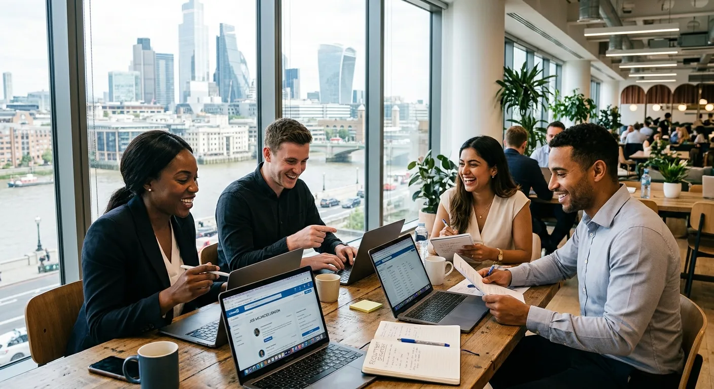 Professional, dynamic photo of a diverse team of recruitment consultants in a modern London office,... Professional, dynamic photo of a diverse team of recruitment consultants in a modern London office, collaborating over laptops and smiling. The style is bright, energetic, and corporate, with a view of the London skyline visible through a window.