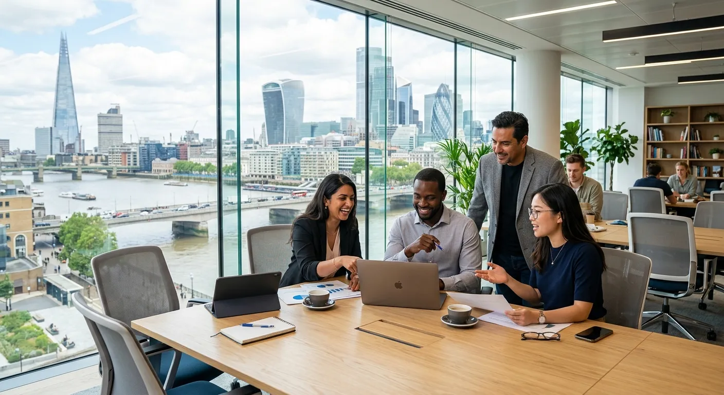 Modern, professional photo of a diverse team of professionals collaborating in a bright London office, with iconic London skyline visible through a window. Style: vibrant, sharp, professional. Mood: energetic, successful, collaborative.
