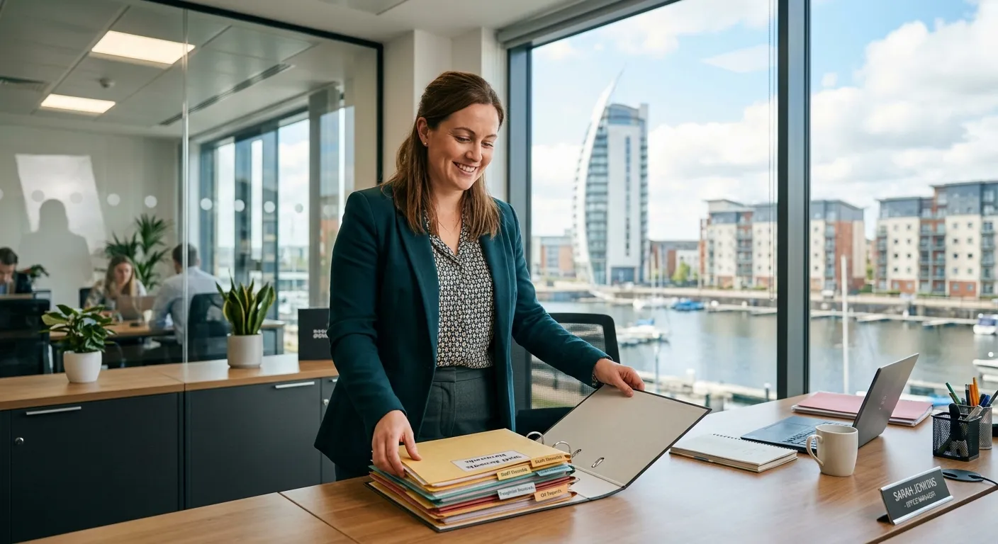 Professional, confident Office Manager in a modern Swansea city centre office, smiling while organising files on a desk, with natural light from a window overlooking the SA1 area.