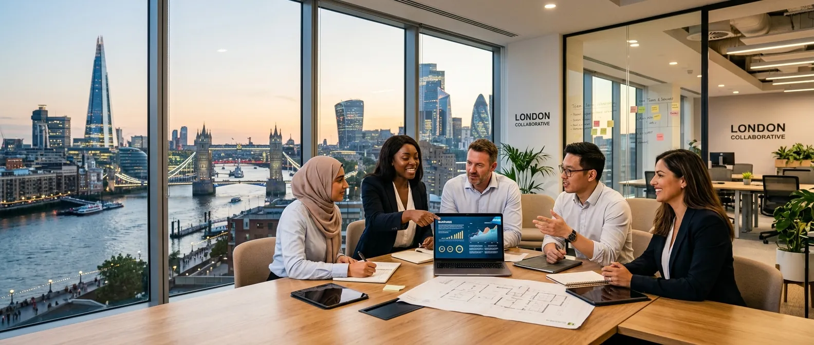 A dynamic, professional hero image showing a diverse team of professionals in a modern London office... A dynamic, professional hero image showing a diverse team of professionals in a modern London office collaborating, with iconic London skyline visible through a window. Style is bright, confident, and forward-looking.