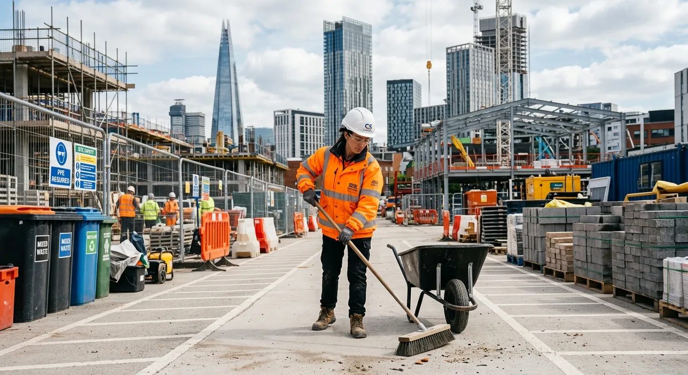 A professional, well-lit photo of a Construction Site Cleaner in high-visibility gear, safely and efficiently cleaning a large, organised construction site in Birmingham, with modern buildings in the background. Focus on safety, professionalism, and a clean work environment.
