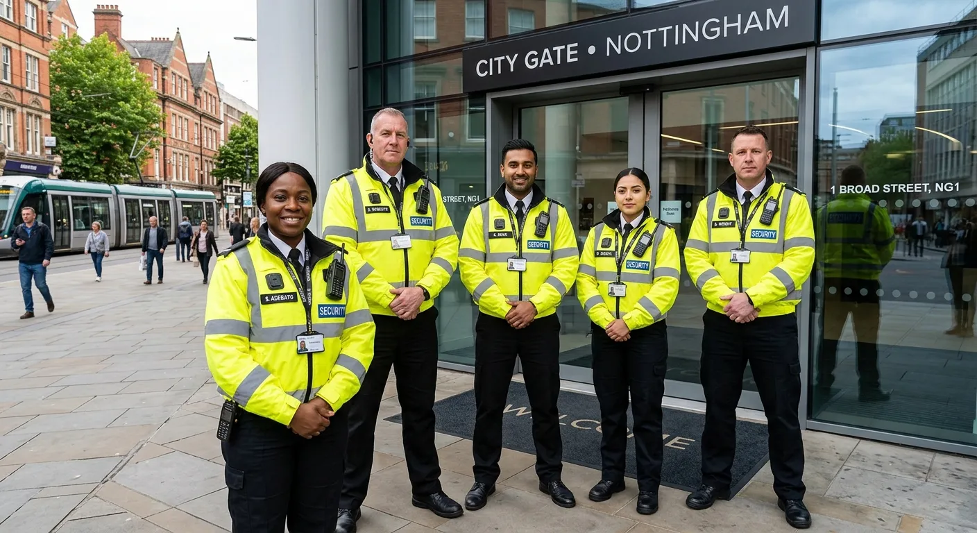 A professional, diverse team of security guards in high-visibility jackets and uniforms, standing co... A professional, diverse team of security guards in high-visibility jackets and uniforms, standing confidently at the entrance of a modern commercial building in Nottingham city centre, conveying trust and vigilance.