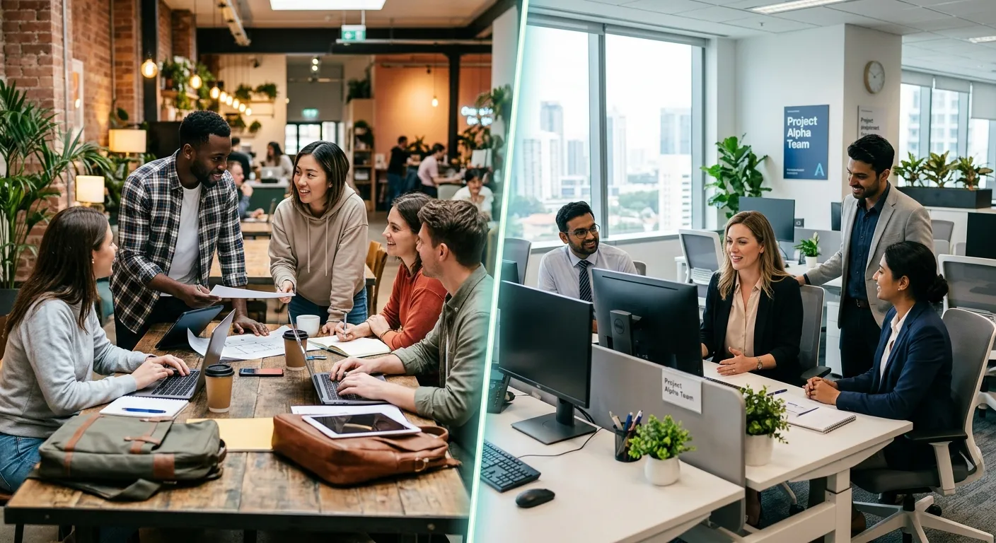 A split-screen professional photo showing a diverse team of temporary workers in casual attire on on... A split-screen professional photo showing a diverse team of temporary workers in casual attire on one side and a group of permanent employees in an office setting on the other, symbolizing the staffing choice. Modern, vibrant, and professional style.
