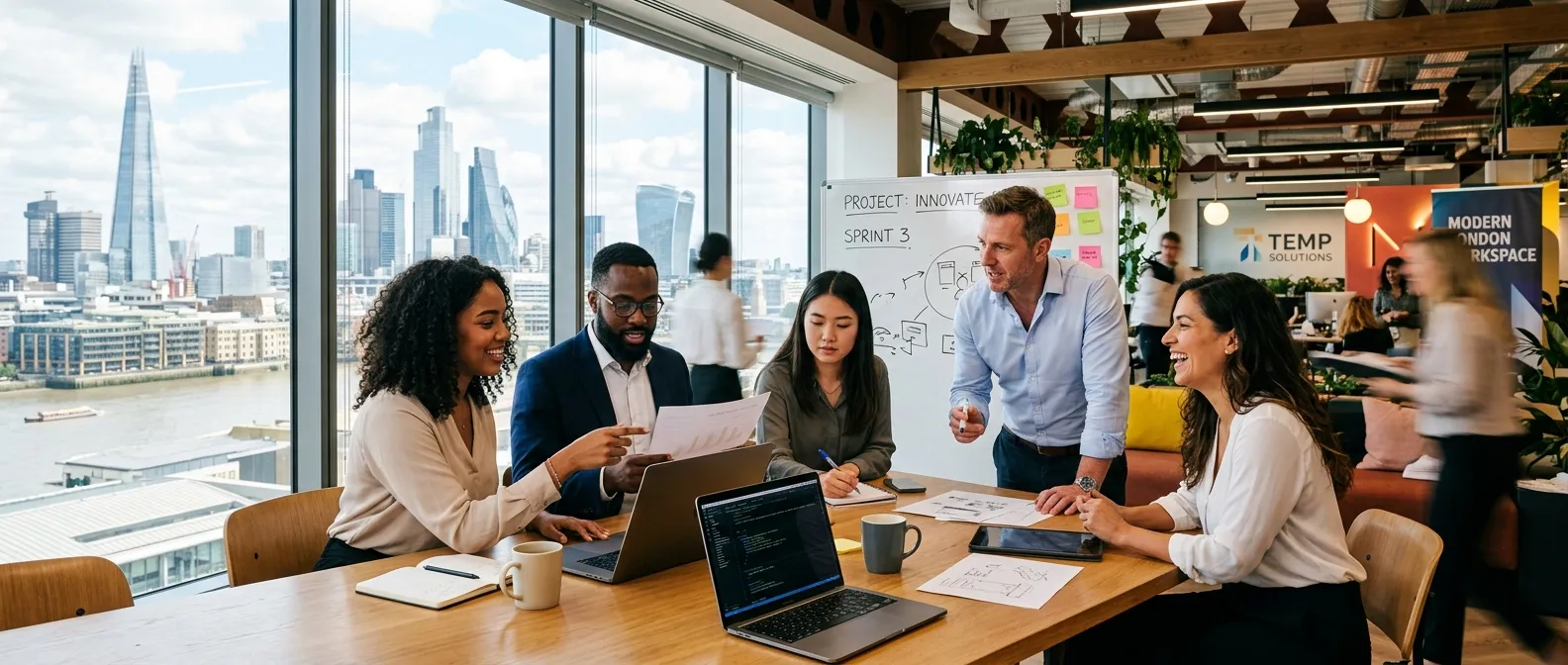 A dynamic, professional hero image showing a diverse team of temporary workers collaborating in a modern London office. The style is bright, energetic, and focused on teamwork, with London skyline visible through a window.