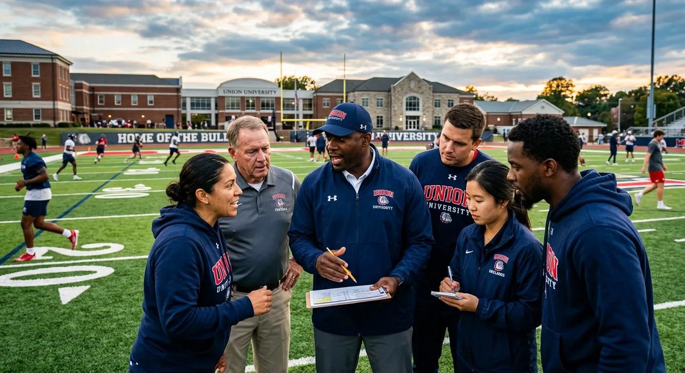 A dynamic, professional hero image showing a diverse, focused collegiate coaching staff in a huddle... A dynamic, professional hero image showing a diverse, focused collegiate coaching staff in a huddle on a university field, wearing Union University branded gear. Style is vibrant, action-oriented, with a prestigious, high-contrast mood.