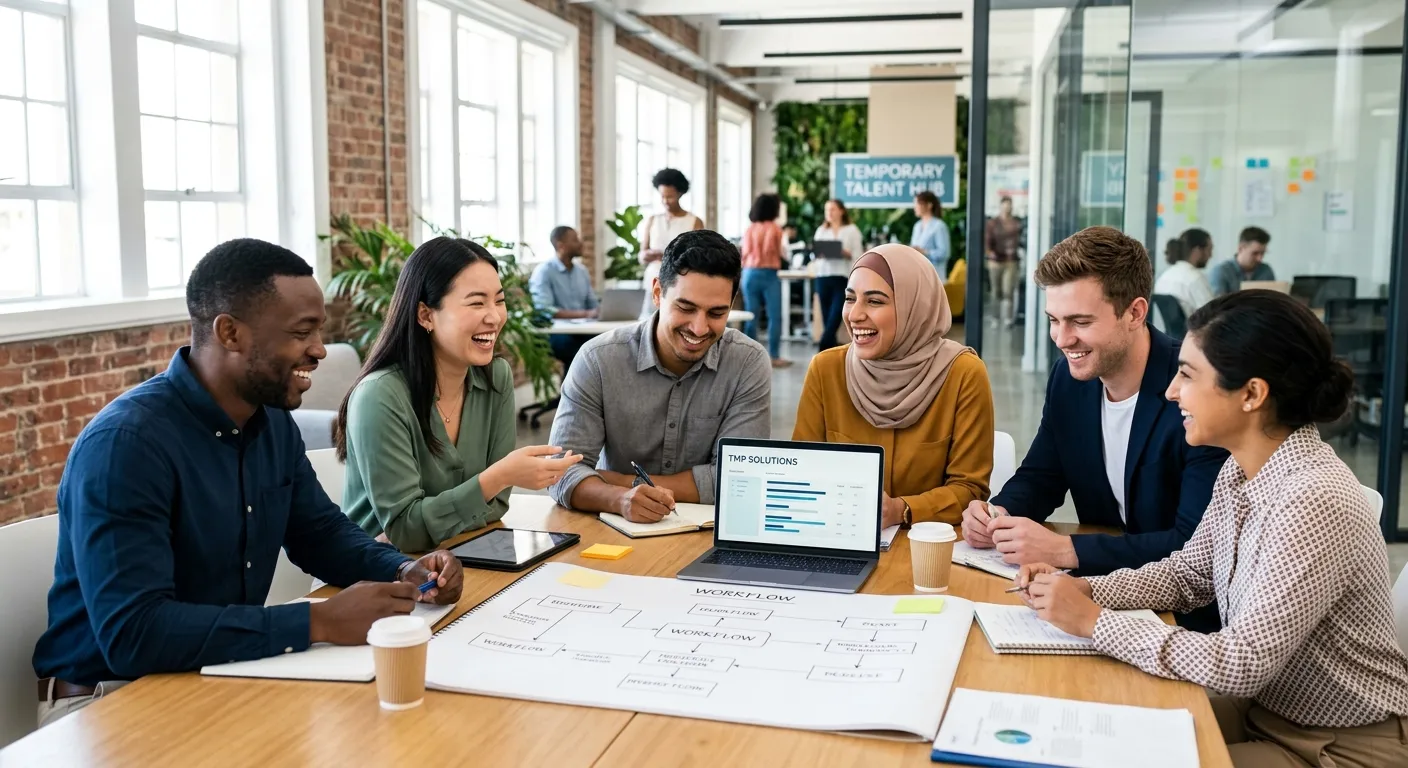 A diverse group of professional temporary workers in a modern business setting, smiling and collaborating. Style: Bright, vibrant, professional business photography with a focus on energy and teamwork. Mood: Confident, dynamic, and reliable.