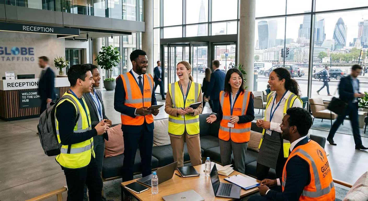 A dynamic, professional photo of a diverse group of temporary workers in high-vis vests and business... A dynamic, professional photo of a diverse group of temporary workers in high-vis vests and business attire gathered in a modern London office lobby, smiling and interacting. The mood is energetic, reliable, and professional.