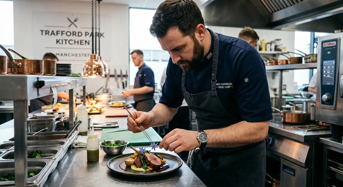 Professional Chef in a modern kitchen in Trafford Park Manchester, plating a gourmet dish. The image... Professional Chef in a modern kitchen in Trafford Park Manchester, plating a gourmet dish. The image should convey skill, action, and a clean, professional culinary environment.