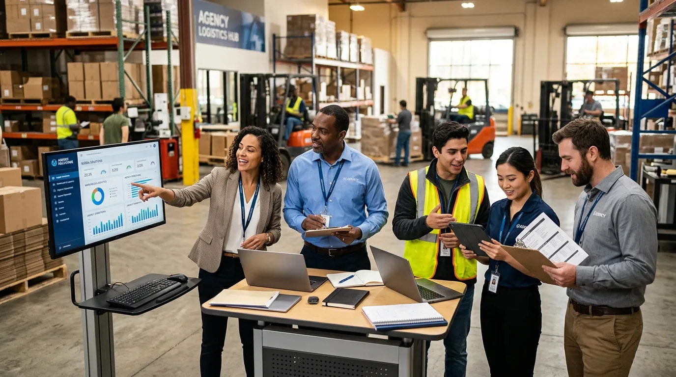 A dynamic, professional hero image showing a diverse team of agency workers collaborating in a moder... A dynamic, professional hero image showing a diverse team of agency workers collaborating in a modern warehouse or office environment. The mood is energetic, efficient, and professional, with a focus on teamwork and action.