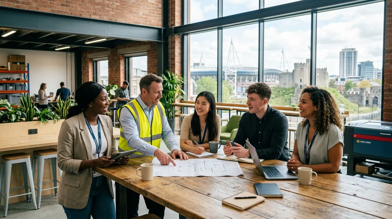 A professional, vibrant hero image showing a diverse team of temporary workers collaborating in a mo... A professional, vibrant hero image showing a diverse team of temporary workers collaborating in a modern Cardiff office or light-industrial setting, with the Cardiff skyline subtly visible through a window. Style: Bright, optimistic, professional mood.
