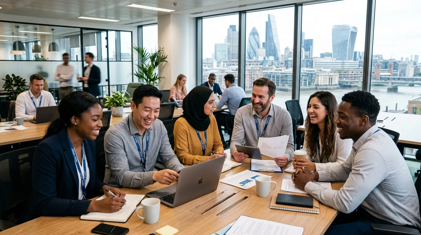 A dynamic, professional hero image showing a diverse group of temporary workers in a modern London o... A dynamic, professional hero image showing a diverse group of temporary workers in a modern London office setting, smiling and collaborating. The mood is energetic, efficient, and professional.