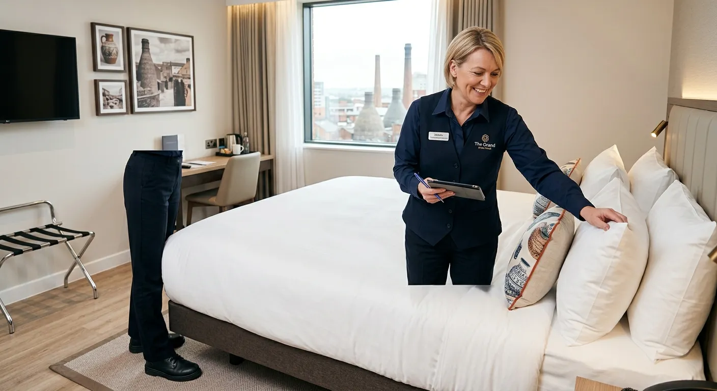 A professional, friendly-looking Housekeeping Supervisor in a crisp uniform, smiling while inspecting a clean and tidy hotel room in a modern Stoke-on-Trent establishment. The image conveys professionalism, leadership, and a high standard of cleanliness.