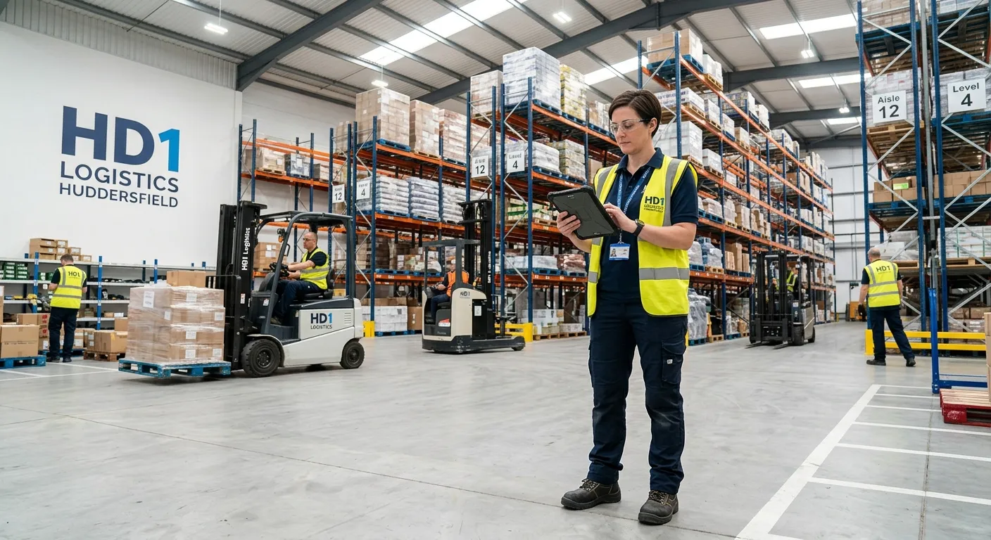 A professional, confident Warehouse Manager in a modern Huddersfield HD1 warehouse, overseeing opera... A professional, confident Warehouse Manager in a modern Huddersfield HD1 warehouse, overseeing operations with a tablet. Bright, clean, and efficient atmosphere.