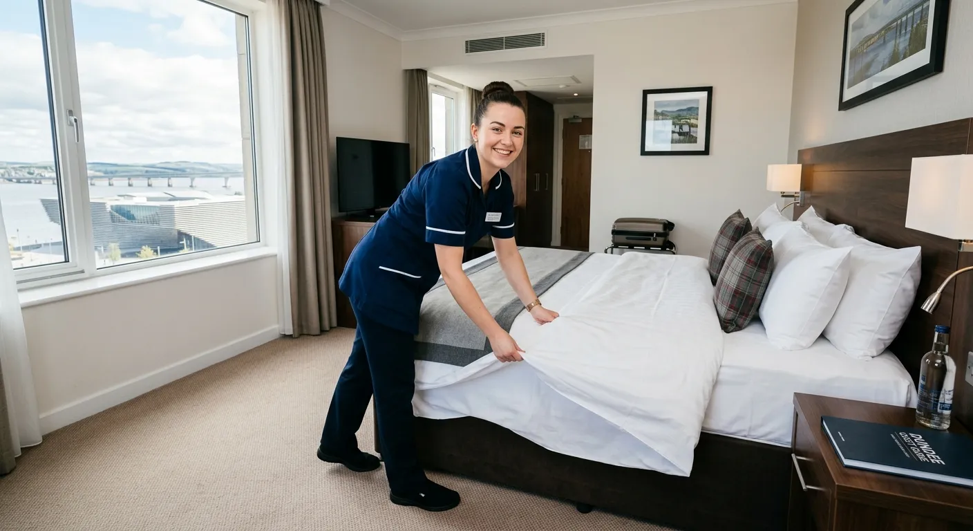 A professional, friendly room attendant in a crisp uniform, smiling while making a bed in a well-lit... A professional, friendly room attendant in a crisp uniform, smiling while making a bed in a well-lit, clean hotel room in Dundee, conveying efficiency and hospitality.